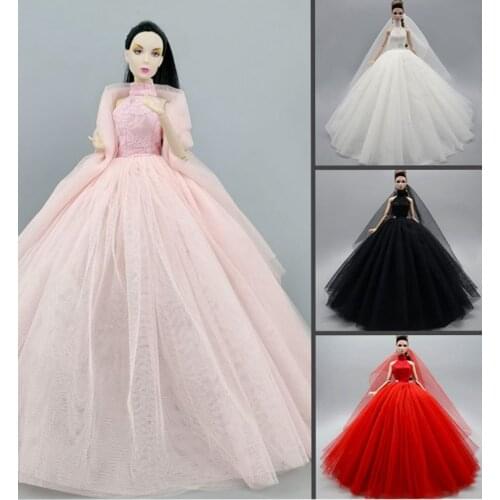 Classic High Neck Wedding Dress For Barbie Doll Outfits Princess Evening Party Gown Sleeveless Dress Doll Clothes & Veil 1/6 Toy