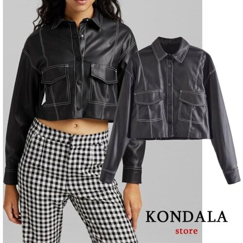 KONDALA Za 2021 Chic Black Leather Short Jackets Women Long Sleeve Pockets Button PU Coats Female Streetwear Casual Outwear
