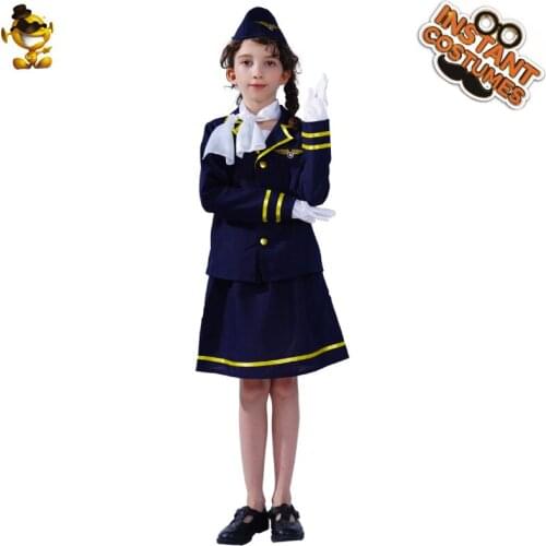 Girls Stewardess Dress Costume Flight Attendant Uniform Carnival Party Cosplay Kids Clothes Suit for Purim Costumes