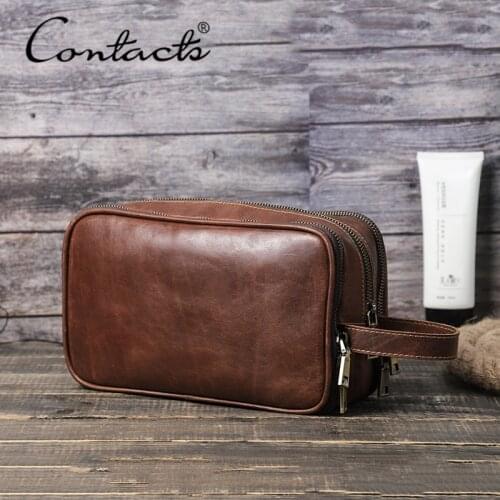 CONTACTS genuine leather Men Cosmetic Bag Wash Shower Makeup Organizer Portable Case Travel Toiletry Storage Bag Neceser