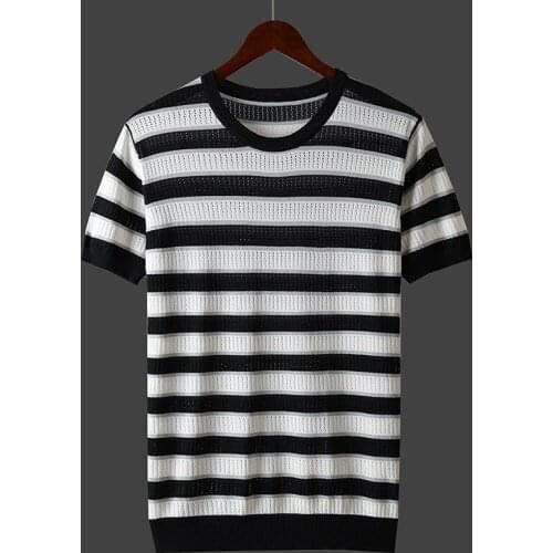 Summer New Male Slim Casual Tee Shirt Men Korean Fashion Striped Short Sleeve Tees Men O Neck Knitted Ice Silk T Shirt Top B16
