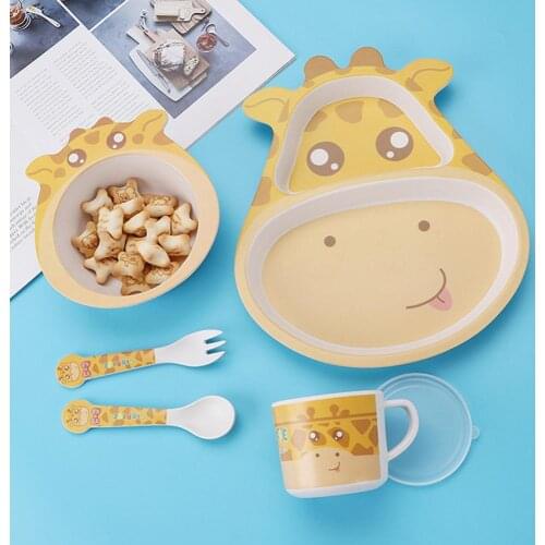 5pcs/set Creative Animal Zoo Baby Plate Bow Cup Forks Dinnerware Feeding Set 100% Bamboo Fiber Baby Children Tableware Set