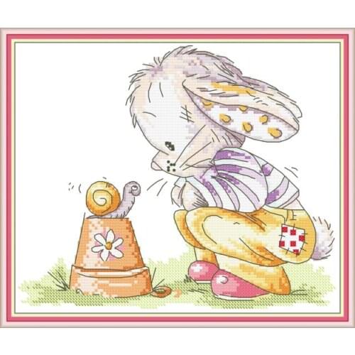 Bunny and snail cross stitch kit aida 14ct 11ct count print canvas cross stitches needlework embroidery DIY handmade