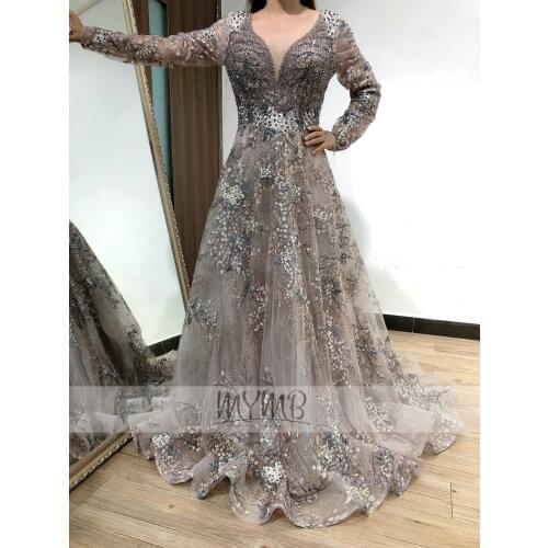 New Arrival Sparkly Gorgerous Aline Muslim Evening Gown V Neck Unique Lace Embriodered Design Long Sleeve Bridal Mother Dress