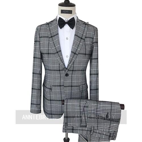 Newest Design Men Suit Black And White Grid Peak Lapel Business Casual Tuxedo 2 Piece(Blazer+Pants)Custom Made Wedding Man Suit