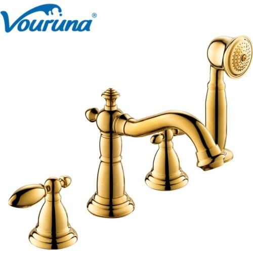 VOURUNA Luxurious Chrome & Golden 4 Hole Bath Shower Mixer Tap Solid Brass Bathtub Faucet Filler