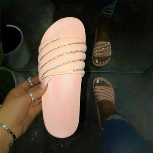 Pink Beading Slipper 2020 New Summer Women Casual Flat Sandals Bright Diamond Beach Slippers Ladies Home Candy Color Flip Flop