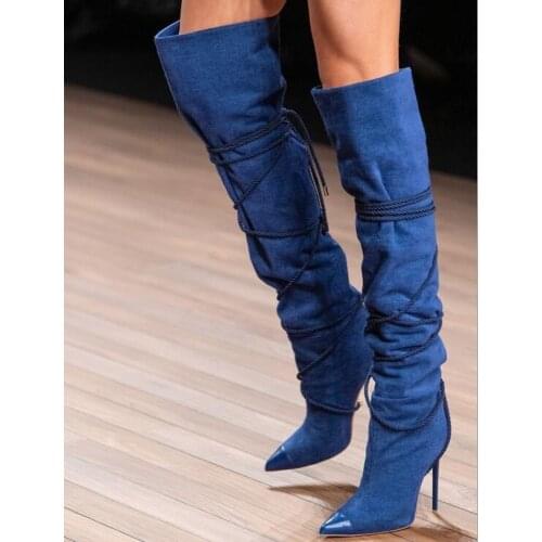 Stylish Blue Denim Over The Knee Boots Cross Strap Lace-up Jean Tight High Boots Pointed Toe Thin Heels Party Dress Shoes