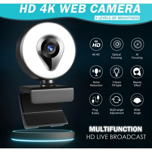 4K 1080P full HD webcam PC live webcam USB webcam Rotatable webcam with microphone and ring fill light suitable for PC laptop