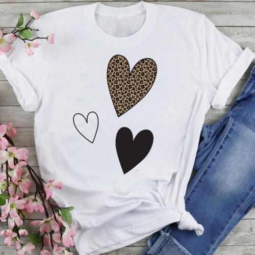 Women Sweet Love Leopard Cute Trend Cartoon Summer Fashion Print Short Sleeve Lovely Clothes Tops Tees Tshirt T-Shirt