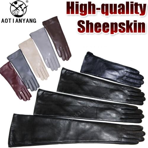 Womens Sheepskin Gloves Long 100% Genuine Leather Gloves Long Sleeve Over Elbow Arm Guard Warm Flannel Lining Autumn and Winter