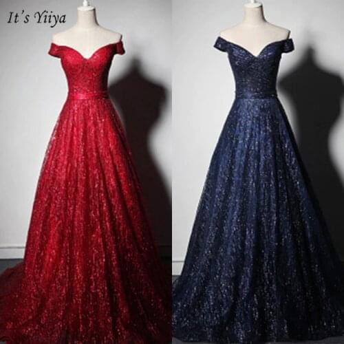 Its Yiiya Evening Dress Off Shoulder Boat Neck A-Line Women Party Dresses Short Sleeve Sequin Floor-Length Robe De Soiree E1115