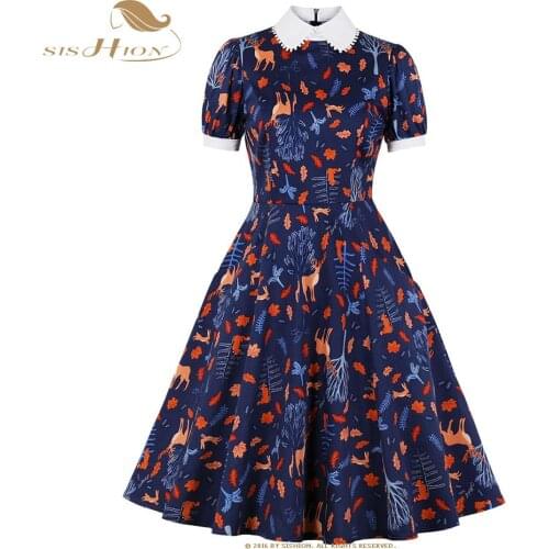 SISHION Short Sleeve Peter pan Collar Printed Boho Summer Dress VD1922 Blue Cotton Vintage Retro Women Dress