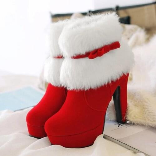 Winter Christmas Snow Boots Women 2020 Red Black Ankle Boots Female High Heels Platform Shoes Womens Ladies Warm Fur Booties