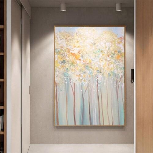 100% Handmade Light Beige Yellow Nordic Forest Oil Painting Modern Tree Art Picture For Living Room Cuadros Canvas Art NEW HOT