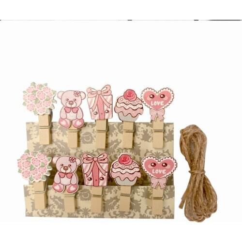 10pcs/pack Pink bear gift Wooden Paper Clip Bookmark with Rope Message Stickers Decorations Photo Clips Craft Decoration DIY