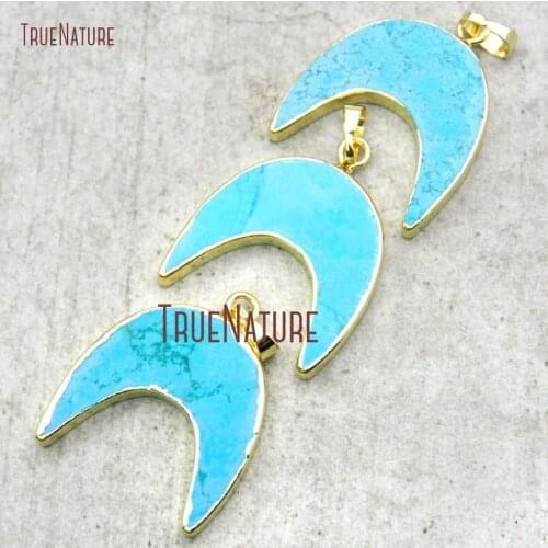 10Pcs Blue Turquoises Pendant Gold Plating Moon Pendant 34x28mm PM14923
