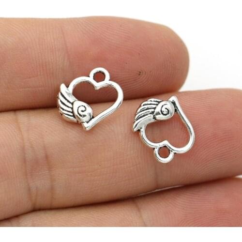 JAKONGO Antique Silver Plated Hollow Wings Heart Charms for Jewelry Making Earrings Findings Bracelet Accessories 13mm 20pcs/lot