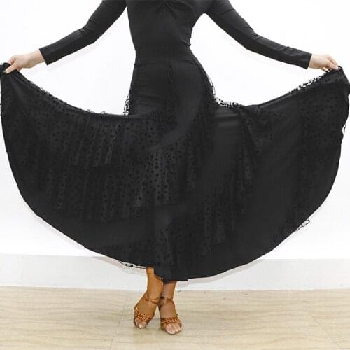2020 Ballroom Skirt Standard Dancing Black Dot Pattern Mesh Skirt Prom Club Waltz Tango Flamengo Dress Women Dance Clothes 1723