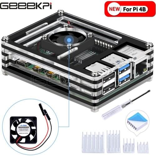 GeeekPi Acrylic Transparent / Clear & Black Case Cover for Raspberry Pi 4 Model B, with Cooling Fan for Raspberry Pi 4B