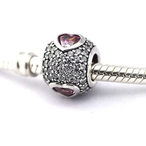 Original 925 Sterling Silver Fancy Pink Heart Pave CZ Ball Charm Beads Fits Brand Bracelets For Women DIY Jewelry Making