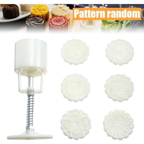 Flower Mooncake Mold DIY Hand Pressure Cake Mould Tool Cookie Cake Bakeware with 6 Stamps Random Pattern