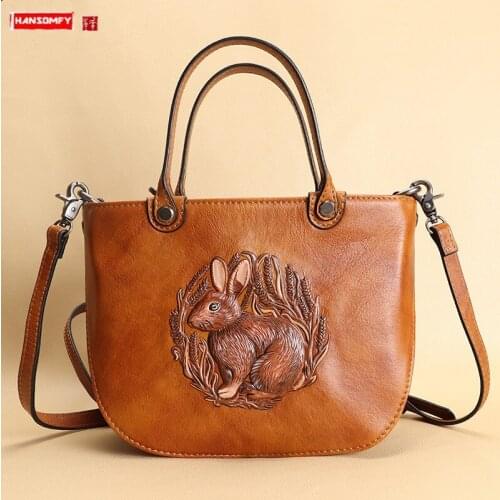Retro cowhide Leather women handbags female embossed rabbit shoulder messenger bag ladies small portable tote bags 2021 new