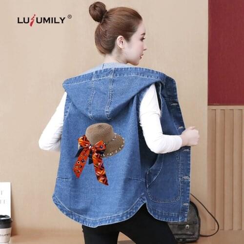 Lusumily 3d Printing Denim Waistcoat Women Plus Size 5xl Hooded Vest Female Casual Sleeveless Cowboy Outwear Loose Jacket Vest