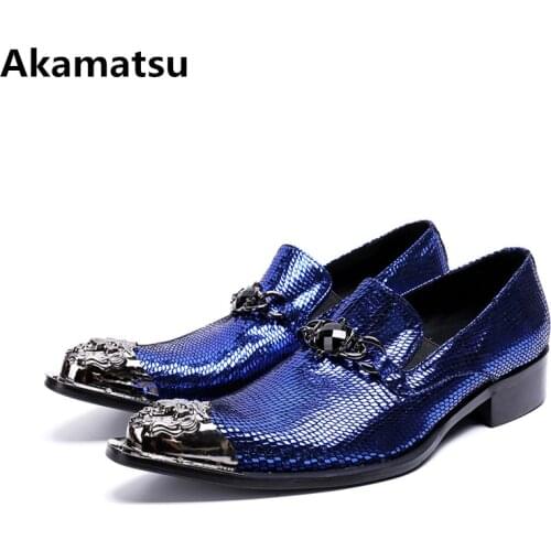 Handemade steel pointed toe dress shoes glitter slip on loafers blue spiked leather shoes men italian mocassim masculino size47