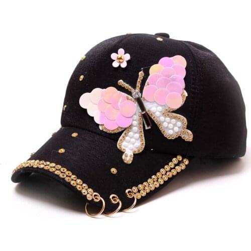 Colorful Big Butterfly Hat Washed Cotton Baseball Cap Hat For Women Shiny Metal Snapback Embroidery Casual hats Hip Hop Caps
