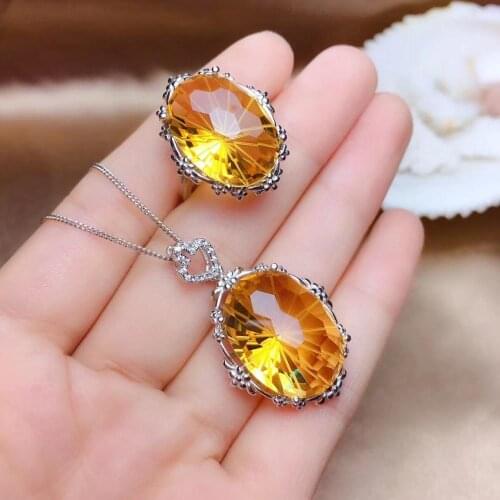 Yellow fashion citrine gemstone ring and necklace of jewelry set silver shiny bright yellow color big size girl birthday gift