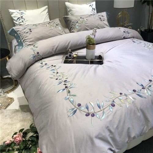 Chic Floral Leaves Embroidery Gray Grey Duvet Cover with Zipper 4/6 Piece Ultra Soft 600TC Egyptian cotton Bedding set Bed sheet