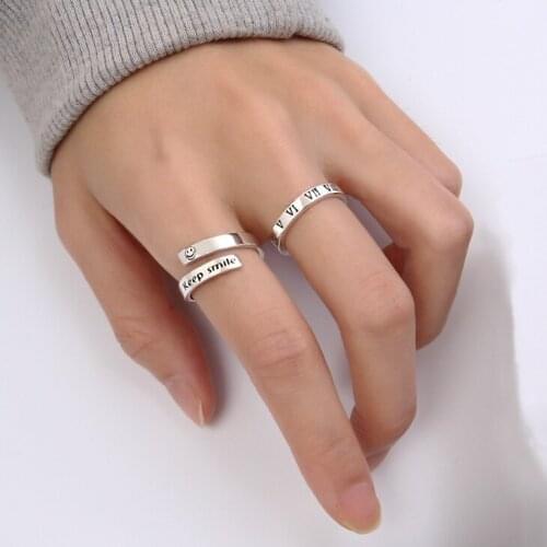 Cool Keep Smile Face Letter Rings For Women Men Small Vintage Adjustable Size Finger Ring Silver Color Girl Fashion Jewelry Gift