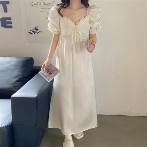 Summer Womens INS Style Sleepwear Stain Princess Sleepshirts Vintage Ladies Girls Ice Silk Puff Sleeve Nightgowns Nightdress