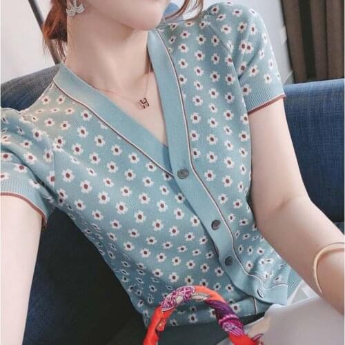 Fashion summer net red personality temperament small daisy jaculin v collar top cardigan crop top plus size sweater