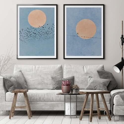 Nordic Simple Wall Art Antique Abstract Canvas Paintings Birds Blue Sky Posters Picture for Home Living Room Dining Room Decor