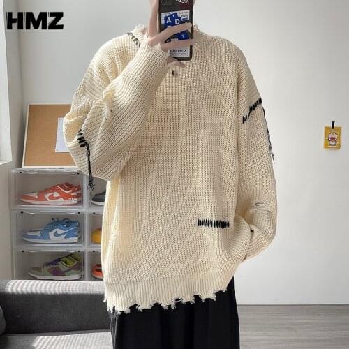 HMZ Autumn Men Harajuku Knitted Hip Hop Sweater 2021 Men Embroidery Harajuku Oversized Pullover Male Korean Fashion Sweaters Men