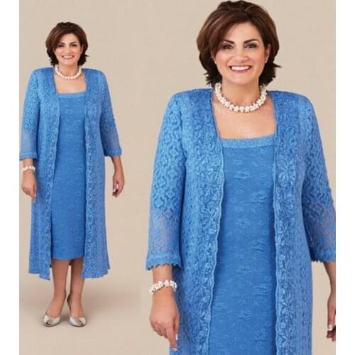 Lake Blue Mother Of The Bride Dresses Sheath Tea Length Lace With Jacket Plus Size Wedding Party Dress Mother Dresses MA63