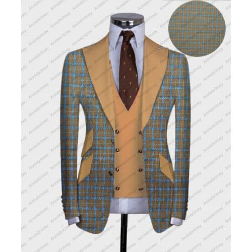 Jacket+Vest) Latest Fahion Business Plaid Peak Lapel Tuxedo Wedding Man Suit 2 Piece Formal Man Blazer Custom Made