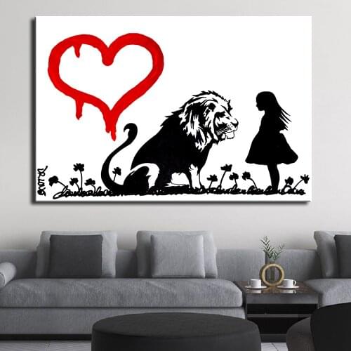 Posters And Prints Lion Girl Love Pictures Canvas Painting Wall Art Graffiti Street Art For Living Room Home Decoration NO FRAME
