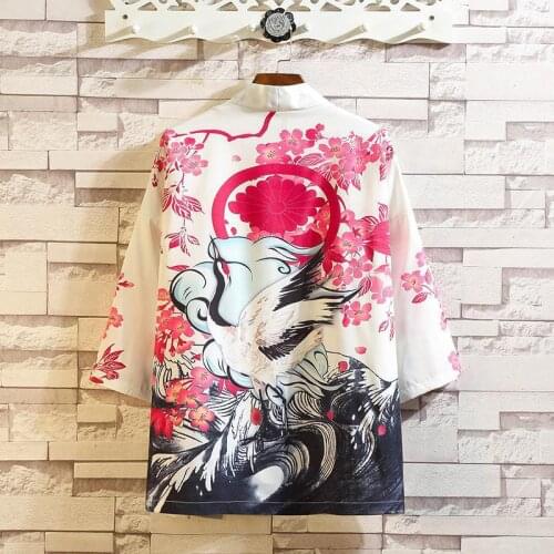 Japanese Streetwear Kimono Shirt Men Plus Size 5XL 4XL Mens Casual Shirts Collarless 3/4 Sleeve Floral Hawaii Blouse Male XXXXXL