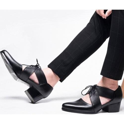 High Heel Genuine Leather Sandals Men Summer Pointed Toe Hollow Out Sandals Casual Dress Shoes Black Lace Up Footwear 2019 New