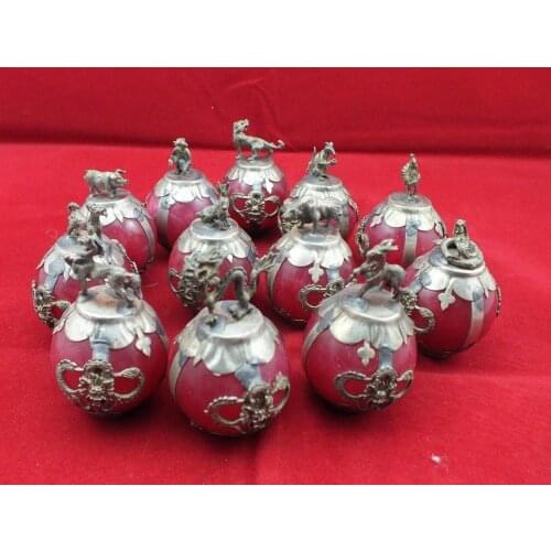 Old Decorated Handwork Inlay tibet-silver Dragon 12 Zodiac Red Jade Ball Statue