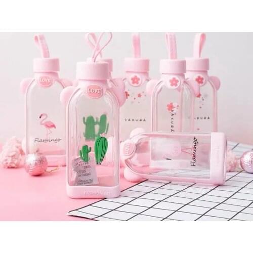 Glass Water Bottle Cherry Blossom Pattern Flamingo Cactus Transparent Creative Fresh Cute Girl Heart Portable Sports Outdoor Cup