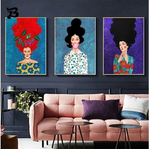 Vintage Abstract Canvas Painting Fashion Girl Hair Flower Women Wall Art Nordic Poster Peint Wall Pictures for Living Room Decor