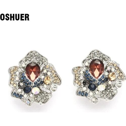 New 2colors Alloy Stud Earrings for Women Round Flower Rhinestone Filled Women Earrings Studs Pendientes Brincos brinco
