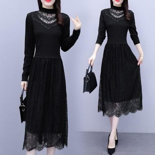 Women Sexy Lace Black Long Dress Party Slim Casual A-Line Black Patchwork Holiday Loose Blouses Blusas 2021 Autumn Fashion Dress