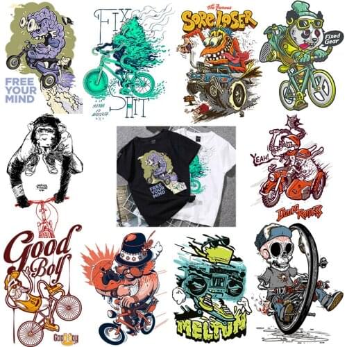 Animal Panda Skull Bicycle Stripes Iron On Heat-sensitive Patches Thermo Stickers On Clothes Transfer Fusible Clothing Custom
