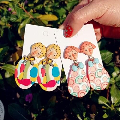 1 Pair Vintage Indian Primitive Tribal Doll Dangle Earrings Acrylic Ear Drops