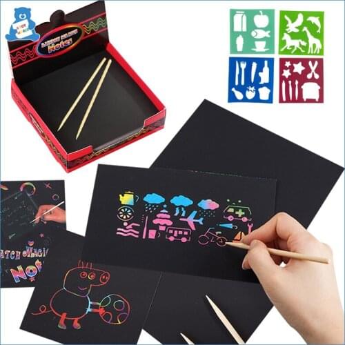 100Pcs Magic Scratch Art Doodle Pad Handwork Scraping Painting Paper Graffiti Stencil Colorful DIY Art Painting Toy for Children